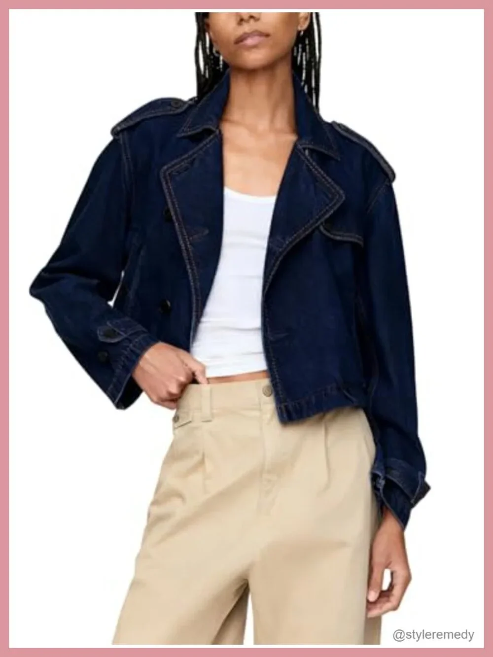 Cropped Denim Trench Coat Notch Collar Double Breasted with Pockets